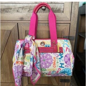 Coach Graffiti Floral Daisy Tote Handbag with Matching Scarf